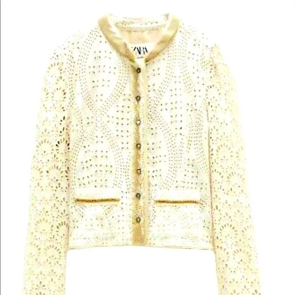 Zara Jackets & Blazers - Zara Studio Floral Eyelet Embroidered Velvet Trim Cropped Light Jacket